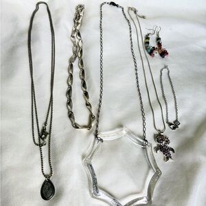Silver Tone Jewelry Lot Bundle 4 Necklaces 1 Bracelet & 1 Pair of Earrings